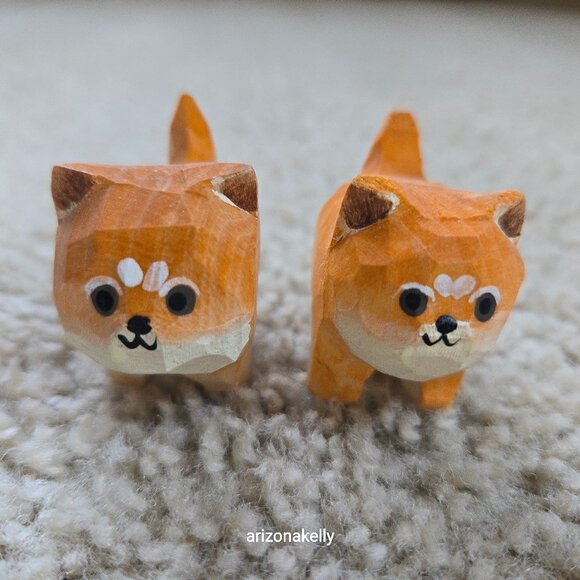 Other - Pair of Tiny Carved Wood Shibas